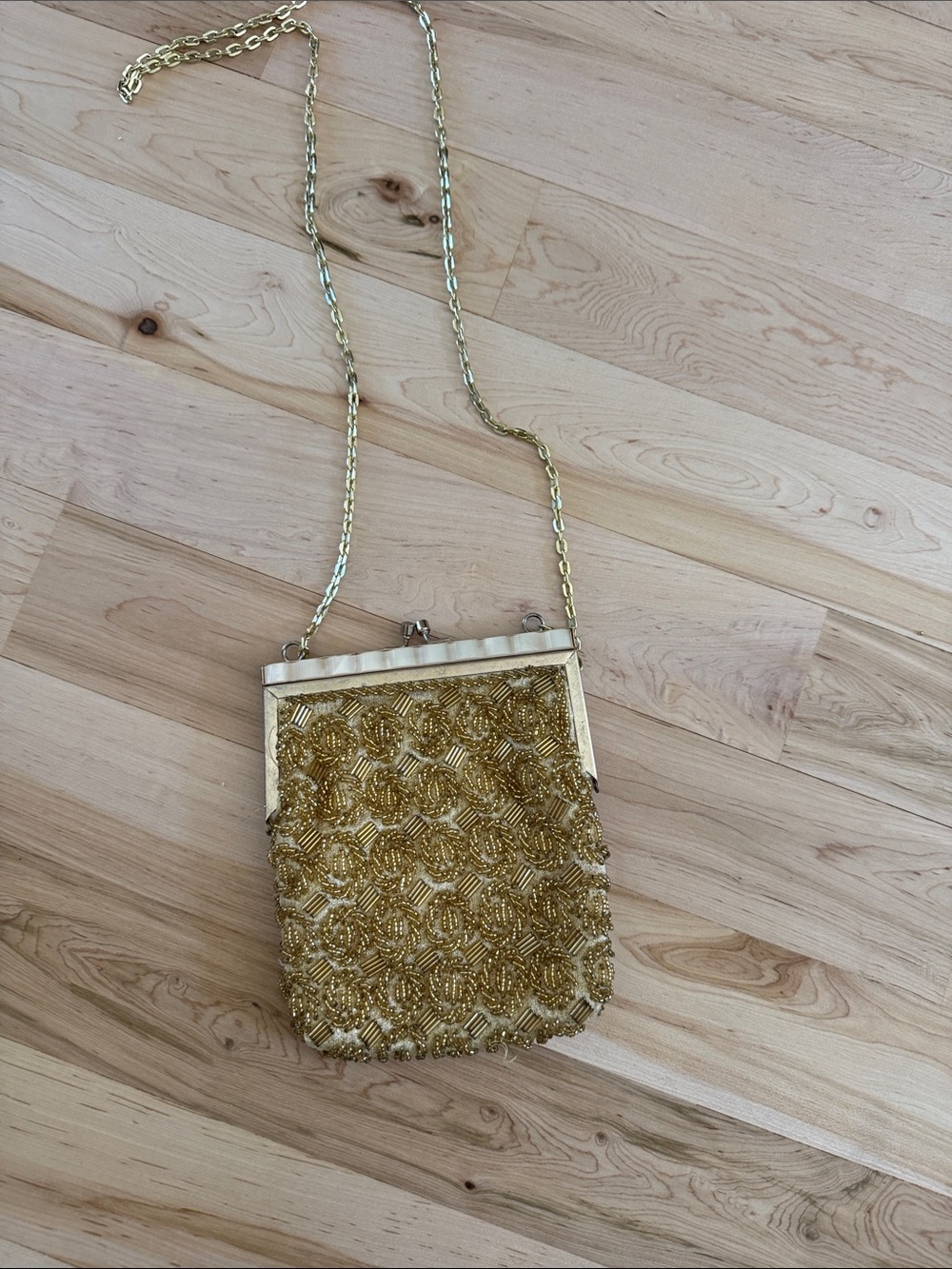Vintage Hand Made 1950s Gold Beaded Evening Bag-Chain Strap-Clutch Purse